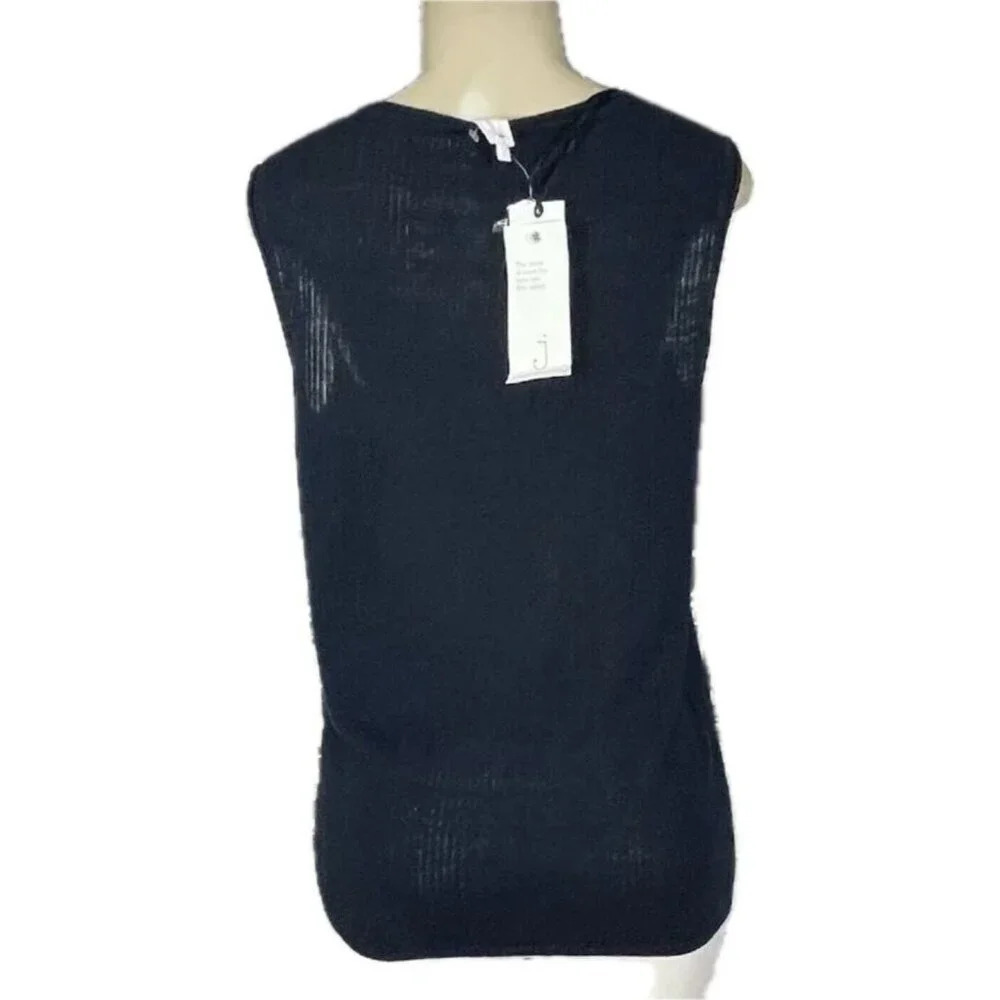 Jones New York L Navy Blue Scoop Neckline Ribbed Trim Linen Rayon Sleeveless Top - Picture 4 of 6